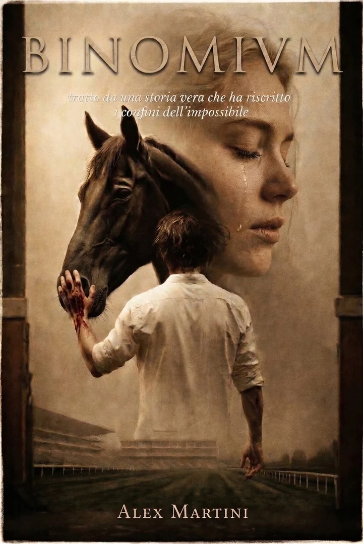 La copertina di BINOMIVM: un cavallo morello, il volto di una donna in lacrime, un uomo di spalle verso la pista.
